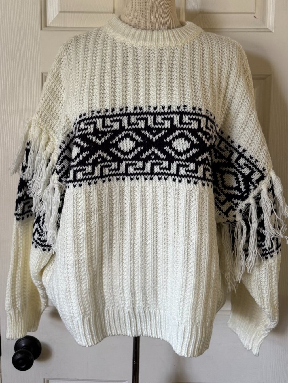 Altar'd State Fair Isle Tassel Knit Crewneck Boho Sweater Cream NEW